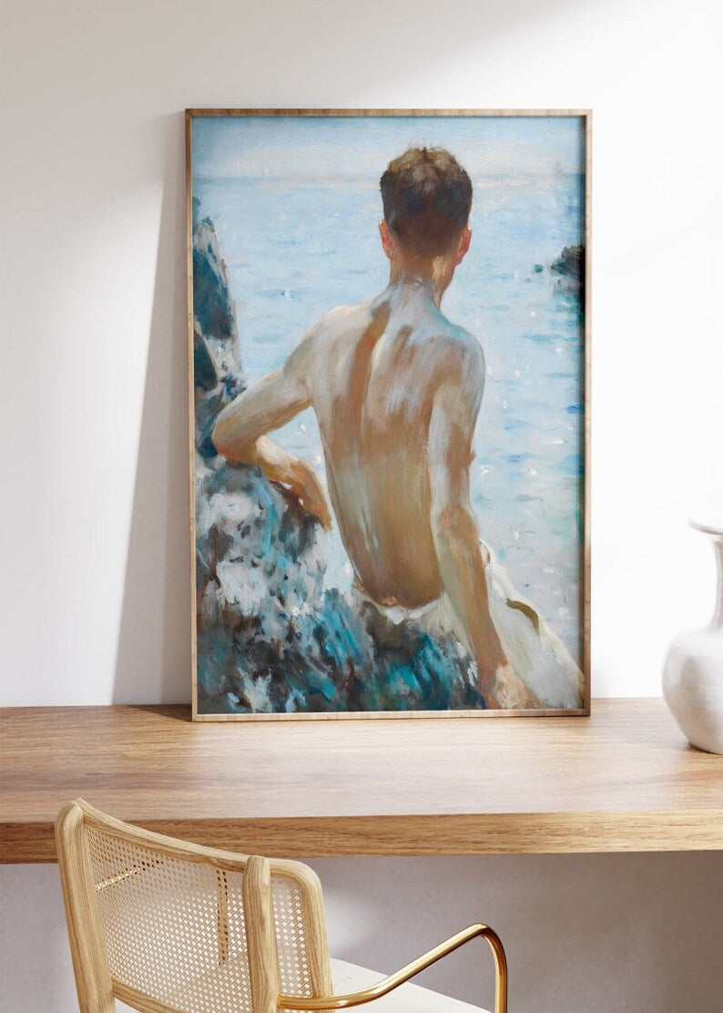 Henry Scott Tuke Painting - "Beach Study", HIGH QUALITY Art Print Reproduction, Tuke Poster, Coastal Gallery Wall, gay art, gay painting