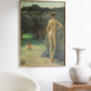 livingroom decor with a framed poster, minimalist gallery wall, gay art print of a painting by Henry Scott Tuke, The green waterways painting reproduction. perfect gift for gay couple, gay couple housewarming party guft