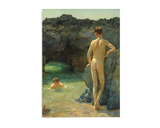Henry Scott Tuke Painting - "The Green Waterways" 1926, Art Print Reproduction, HIGH QUALITY, Coastal Gallery Wall, Tuke Poster, gay Art, erotic, sensual, nude male, artistic nude, coastal decor, twoo young men in the beach