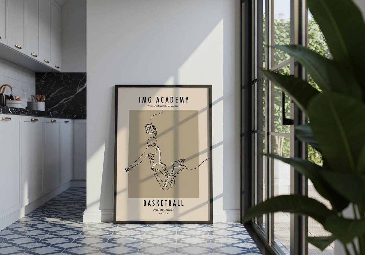Poster of a basketball player in a kitchen with a plant and window in the background