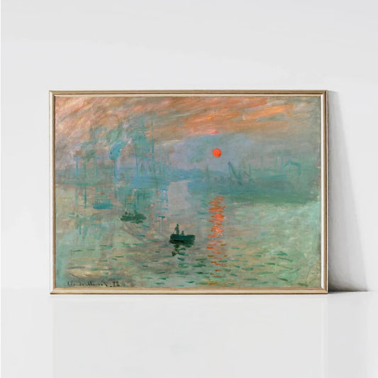 A serene landscape painting by Claude Monet depicting the port of Le Havre at sunrise. Soft strokes of orange and blue paint the sky and water, while boats gently sail across the reflective surface of the water, creating a peaceful and calming atmosphere.