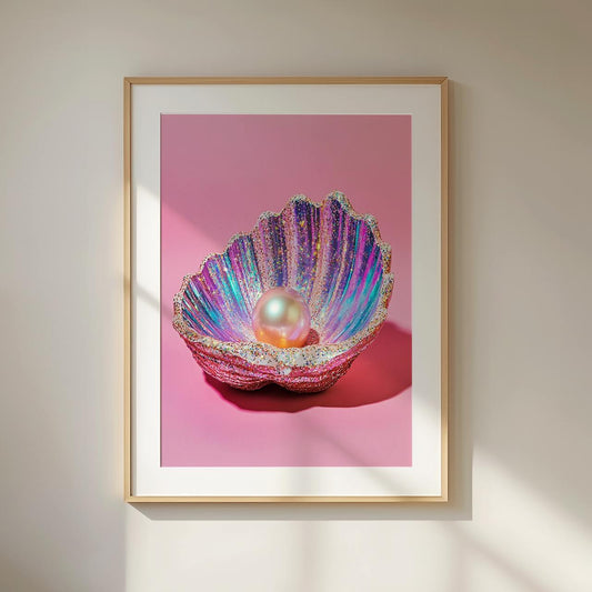 Framed artwork of a colorful shell with a pearl on a pink background