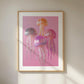 Art print of four glittery jellyfish in pink, silver, orange, and purple, floating on a soft pink background with beaded tentacles and shiny textures.