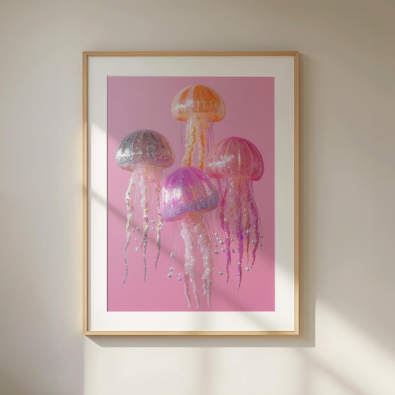 Art print of four glittery jellyfish in pink, silver, orange, and purple, floating on a soft pink background with beaded tentacles and shiny textures.