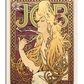 An Art Nouveau-style illustration featuring a woman with long, flowing golden hair seated against an intricate decorative background. She holds a cigarette delicately between her fingers as wisps of smoke curl around the bold green typography spelling “JOB.” The composition includes rich burgundy, gold, and beige tones, framed by ornamental details