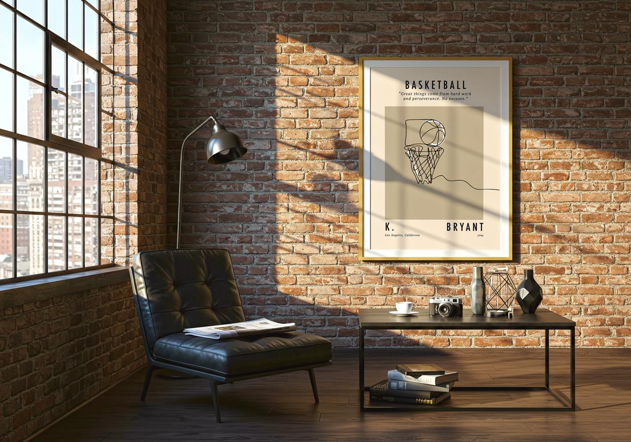 Modern living room with a brick wall, sofa, coffee table, and framed basketball poster.