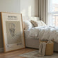 Framed basketball poster on a wall next to a bed in a bedroom