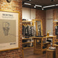 Store interior with framed basketball poster on brick wall