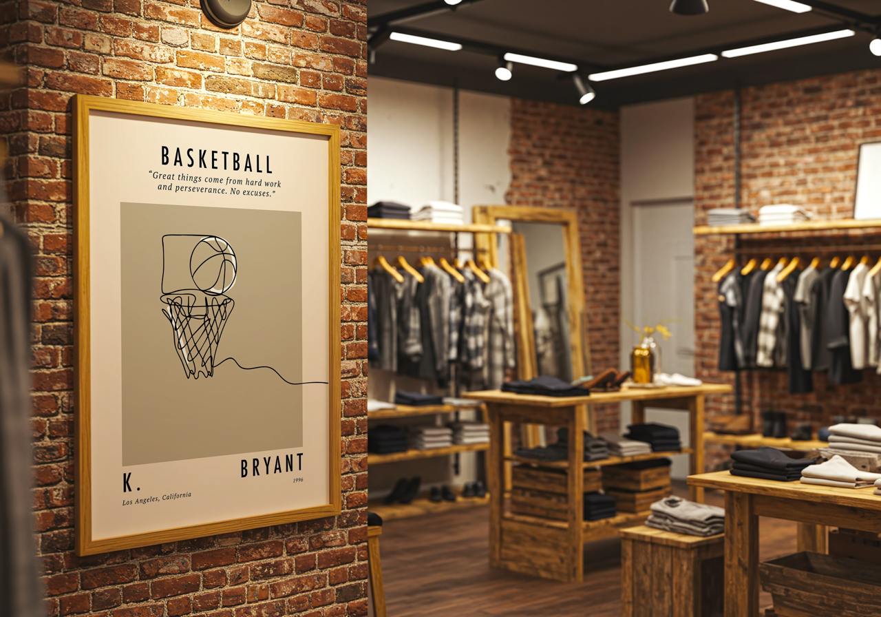 Store interior with framed basketball poster on brick wall