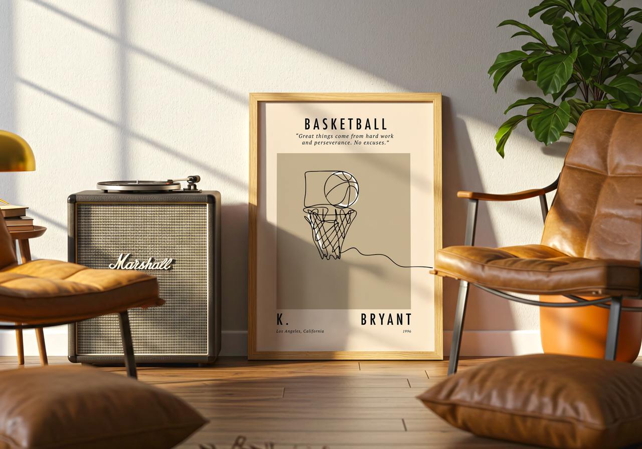 Living room with a framed poster of a basketball design, Marshall amplifier, and brown chair.