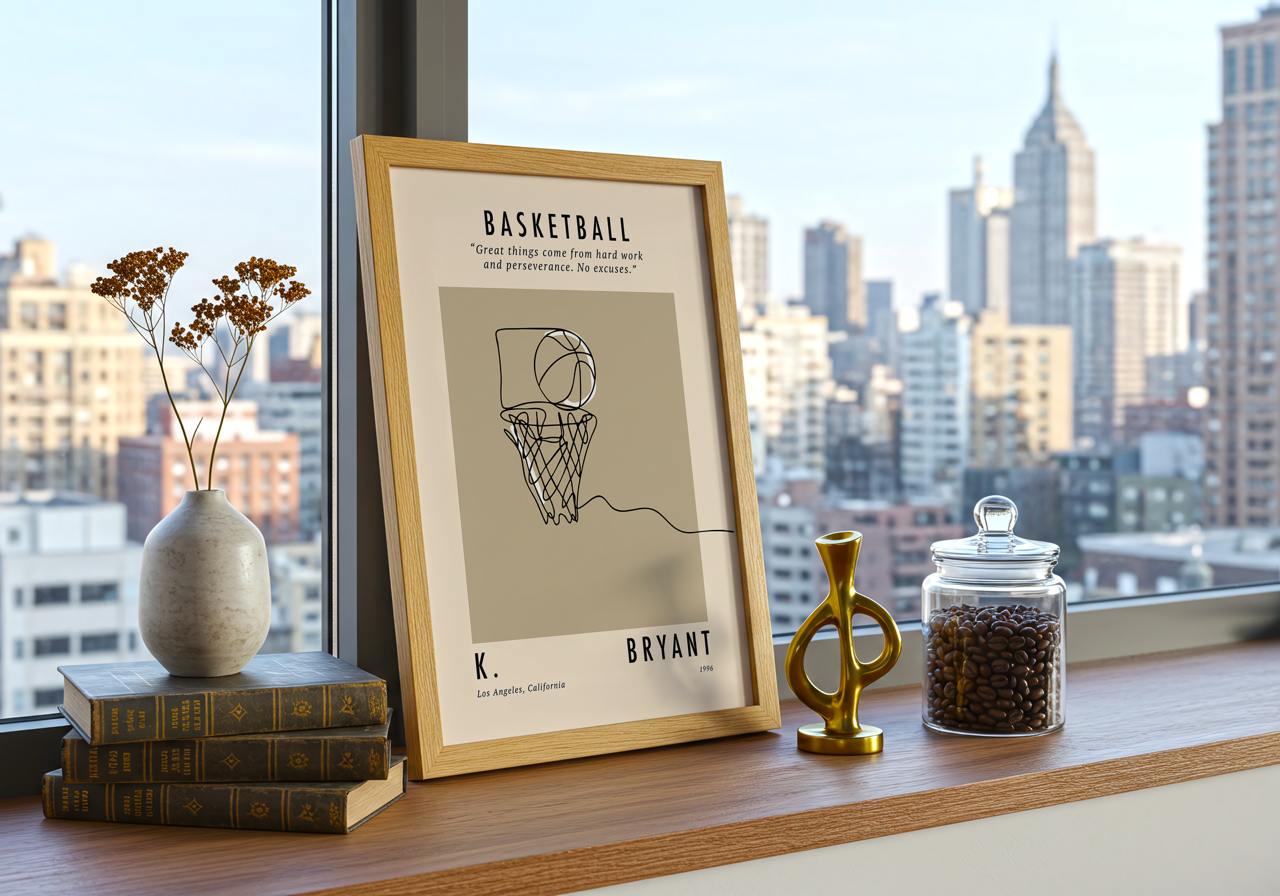 Framed basketball poster on a windowsill with cityscape view