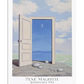 A surrealist painting showing an open white door in a barren landscape. Through the door, a serene night sky with a crescent moon is visible. Rocks are scattered on the ground in front of the door, creating a mysterious and philosophical scene. The composition invites contemplation of the unknown.