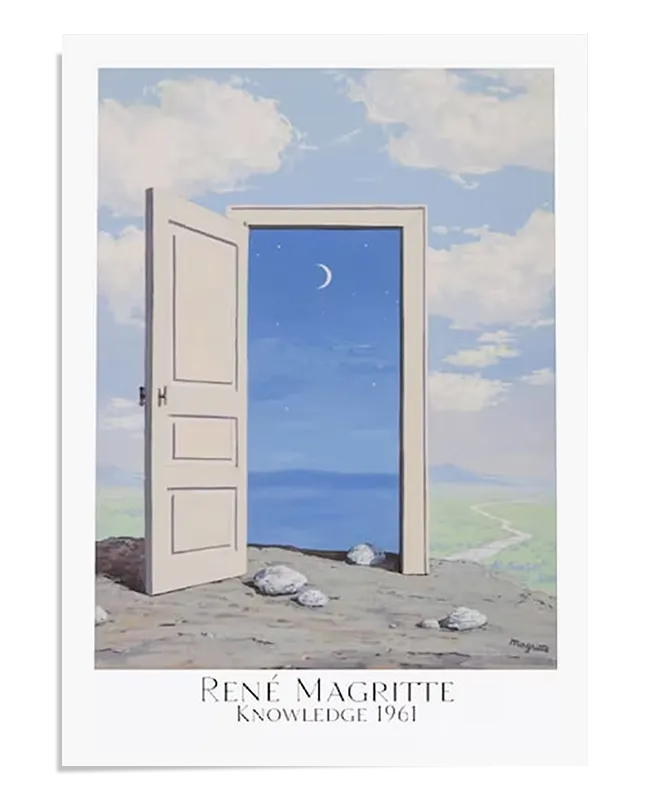 A surrealist painting showing an open white door in a barren landscape. Through the door, a serene night sky with a crescent moon is visible. Rocks are scattered on the ground in front of the door, creating a mysterious and philosophical scene. The composition invites contemplation of the unknown.