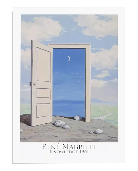 A surrealist painting showing an open white door in a barren landscape. Through the door, a serene night sky with a crescent moon is visible. Rocks are scattered on the ground in front of the door, creating a mysterious and philosophical scene. The composition invites contemplation of the unknown.