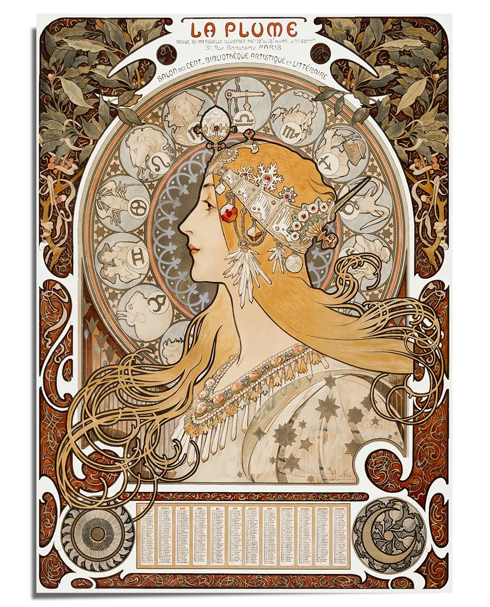 An Art Nouveau illustration featuring a woman in profile with long, flowing golden hair adorned with an intricate headdress of jewels, pearls, and flowers. Behind her, a large circular zodiac wheel displays astrological symbols in delicate, detailed designs. The border is filled with ornamental patterns, floral elements, and warm earth tones, enhancing the luxurious and mystical aesthetic of the piece.