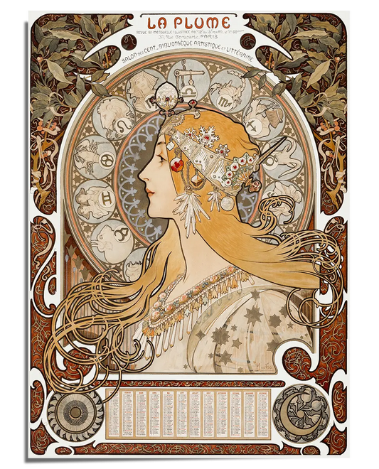 An Art Nouveau illustration featuring a woman in profile with long, flowing golden hair adorned with an intricate headdress of jewels, pearls, and flowers. Behind her, a large circular zodiac wheel displays astrological symbols in delicate, detailed designs. The border is filled with ornamental patterns, floral elements, and warm earth tones, enhancing the luxurious and mystical aesthetic of the piece.