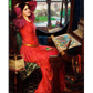 A Pre-Raphaelite painting of a woman in a red gown sitting in a tower, weaving a tapestry while gazing out of a round window. The woman’s long dark hair contrasts with the vibrant colors of her gown. The window shows a distant view of a river and landscape, while the interior is dark and filled with the tools of her craft. The scene conveys a sense of isolation and longing.