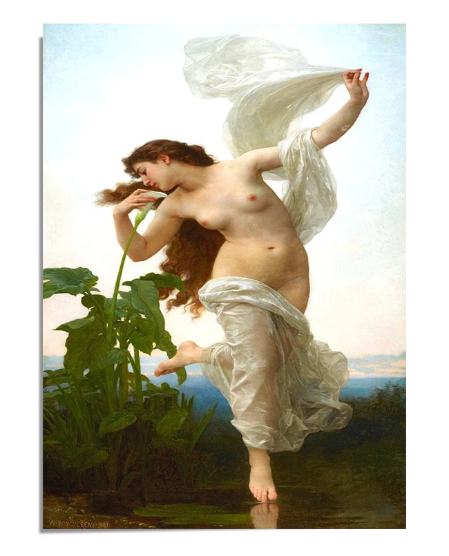 A classical painting of a woman standing at the edge of a river, symbolizing the arrival of dawn. She is draped in flowing fabric, and her glowing skin contrasts with the soft morning light. The peaceful water and surrounding landscape reflect the tranquil, serene atmosphere of the scene.