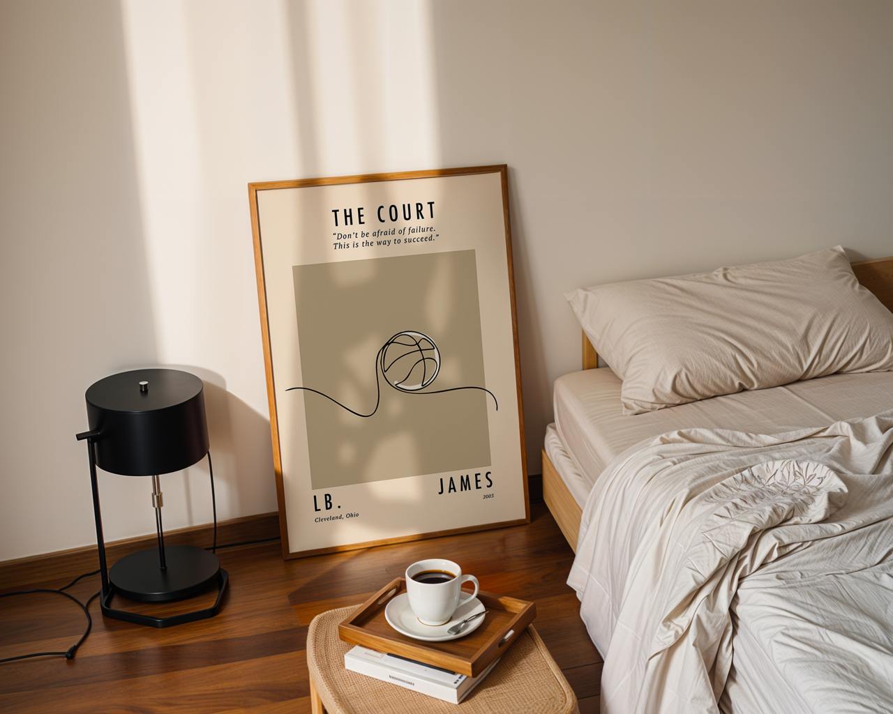 Framed artwork on a wall next to a bed with a lamp and coffee cup on a side table.
