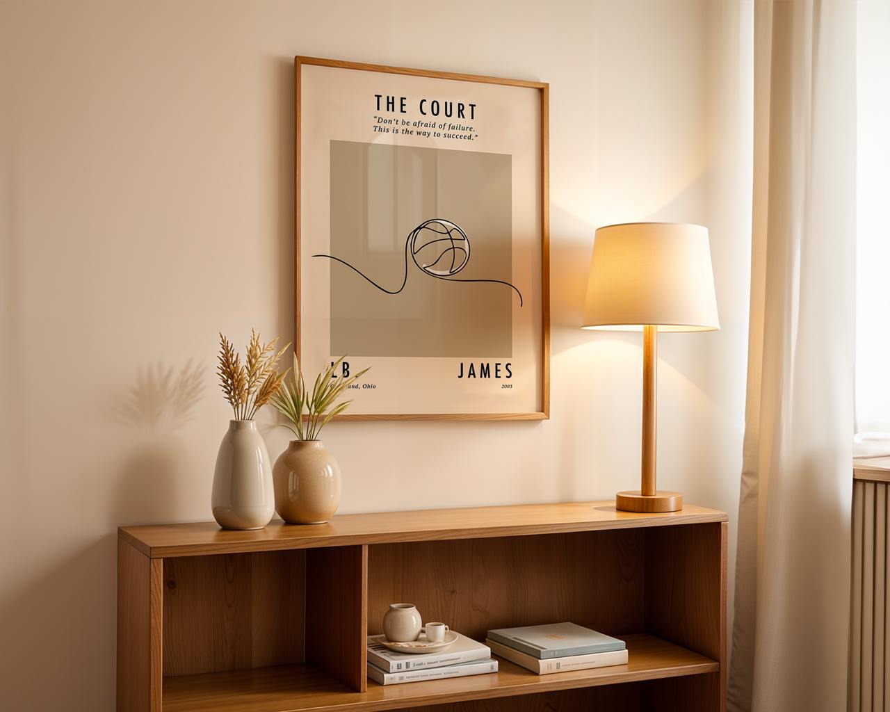 Wooden shelf with decorative items, framed artwork, and a lamp in a room setting.
