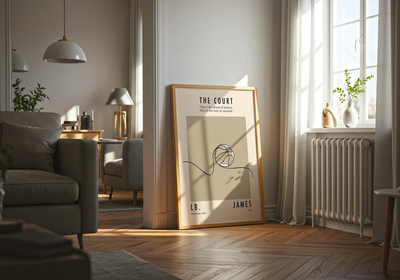 Framed poster on a wall in a living room with a couch and window in the background