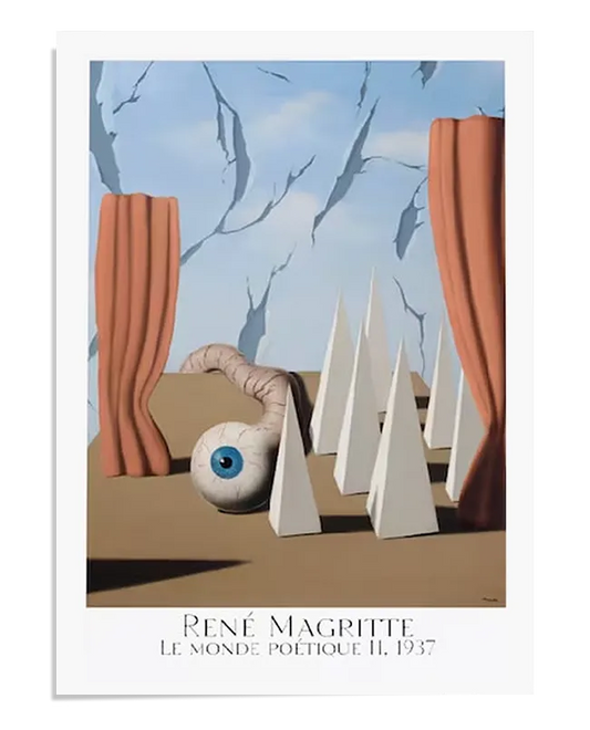 A surrealist painting featuring a barren landscape with sharp white pyramids, an oversized eye connected to a worm-like form, and two large red curtains framing the scene. The cracked blue sky in the background adds to the surreal atmosphere, creating an illusion of a staged, dreamlike world. The contrasting elements evoke mystery and subconscious exploration.