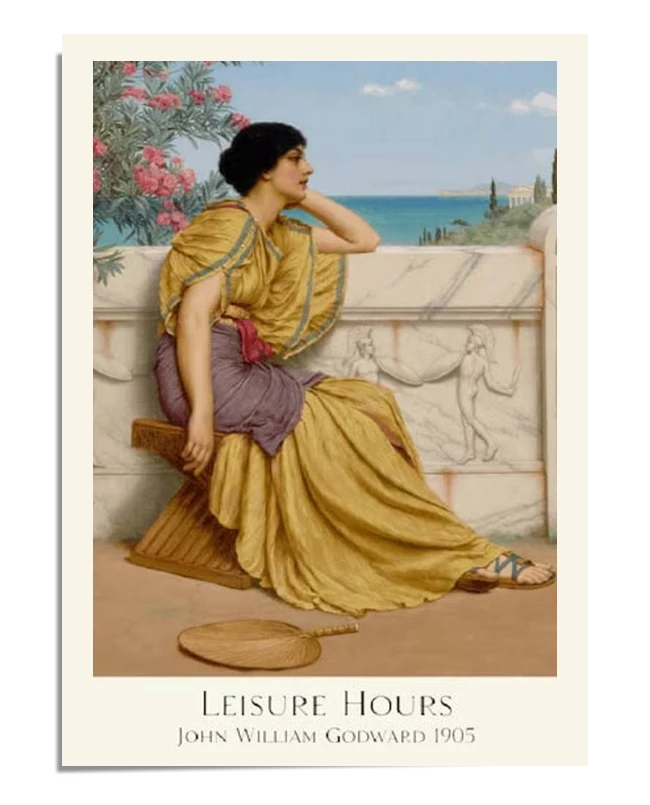 A Neoclassical painting of a woman dressed in yellow and purple robes, sitting on a stone ledge with a wicker basket beside her. She gazes peacefully into the distance, with classical architecture and a coastal landscape in the background. The soft, natural light highlights the folds of her clothing and the tranquil atmosphere of the scene.