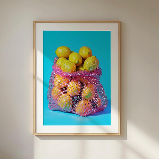 Framed artwork of a bag of lemons against a blue background