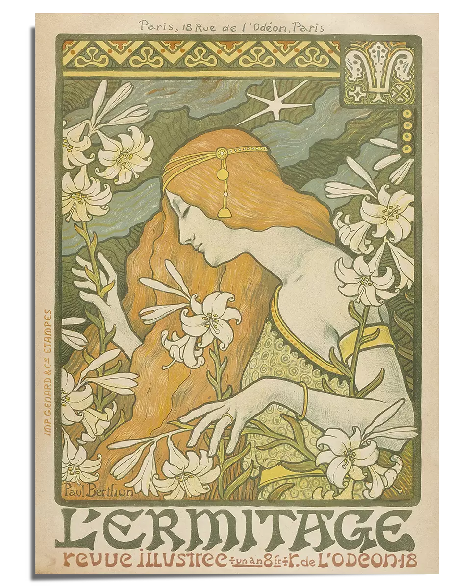 A vintage Art Nouveau illustration featuring a woman with flowing golden hair, gently touching a cluster of white lilies. She wears a soft green gown with gold embellishments and a delicate headband. The background consists of rolling hills, floral motifs, and ornamental designs in warm, muted tones. The bottom of the poster displays the title "L'Ermitage" in decorative lettering, complementing the elegant and nature-inspired aesthetic of the artwork.