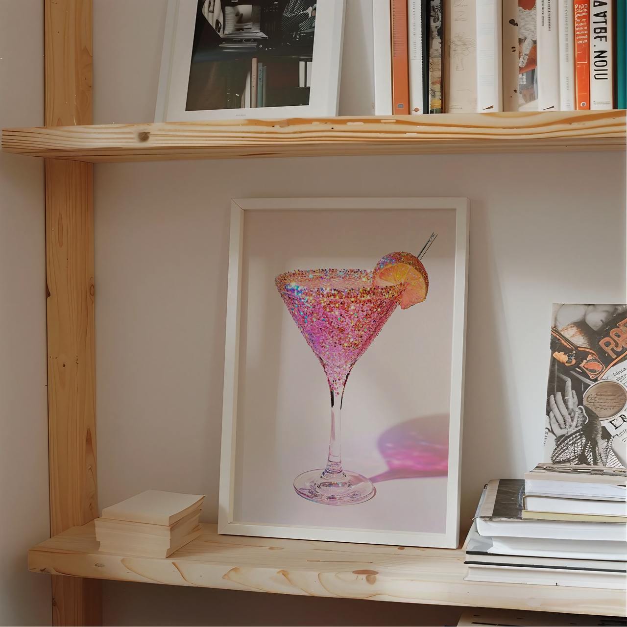 Framed artwork of a colorful cocktail on a wooden shelf with books