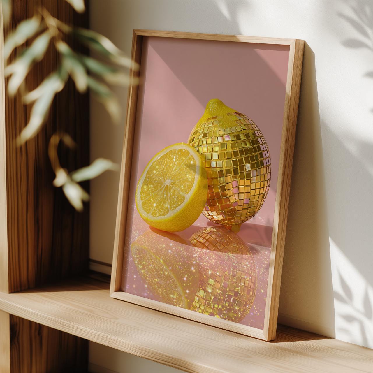 Framed artwork with a disco ball and lemon on a pink background, placed on a wooden shelf.