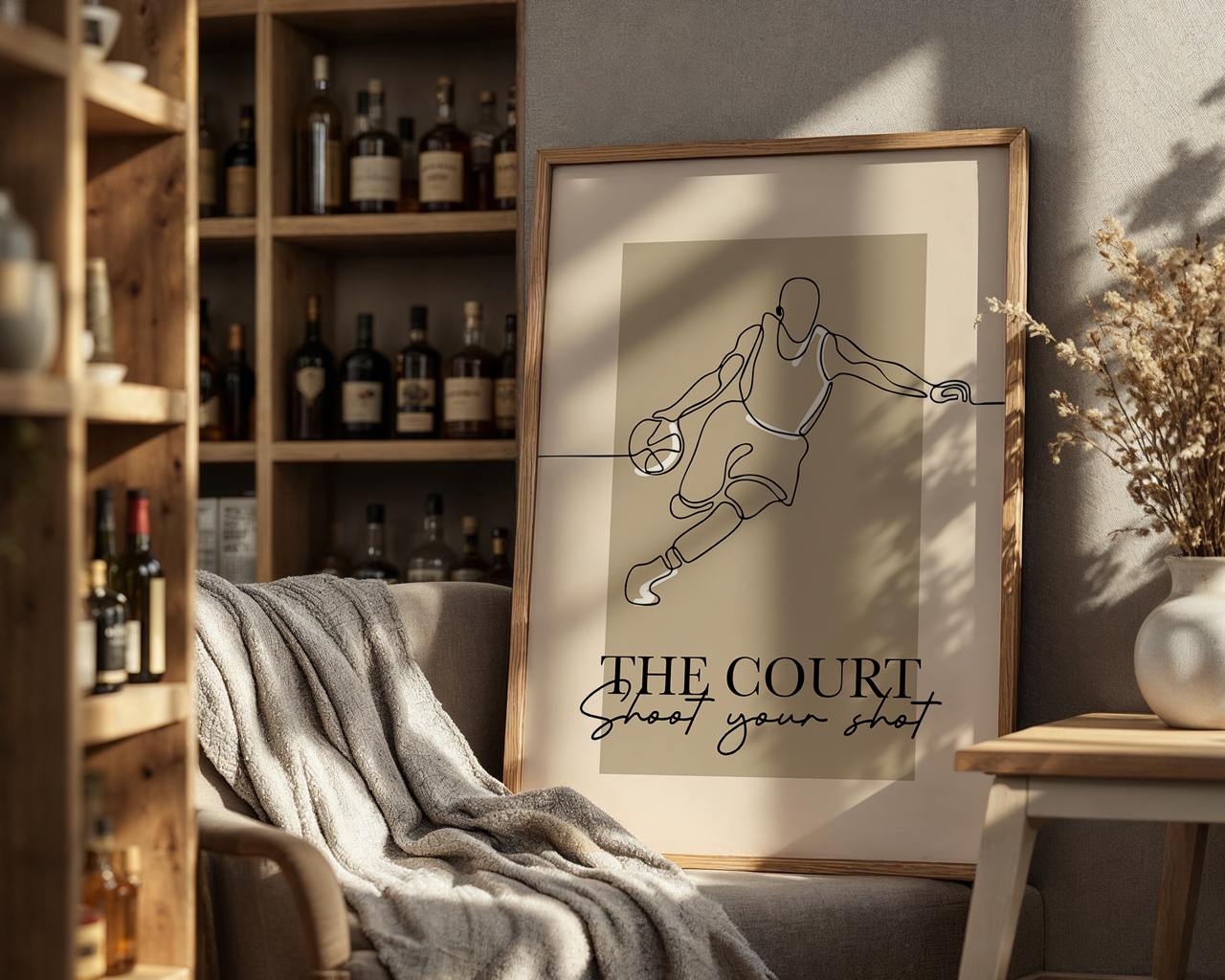 Framed artwork of a basketball player with 'The Court Shoot Your Shot' text in a cozy room with shelves and decor.