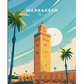 A stylized travel poster featuring the Koutoubia Mosque in Marrakesh, Morocco, with a vibrant, pastel sky in the background. Palm trees are on either side of the mosque, with the desert landscape in the distance.