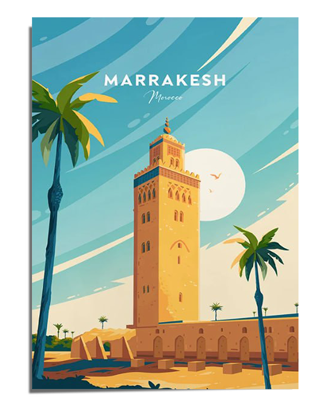 A stylized travel poster featuring the Koutoubia Mosque in Marrakesh, Morocco, with a vibrant, pastel sky in the background. Palm trees are on either side of the mosque, with the desert landscape in the distance.