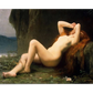 A classical painting of Mary Magdalene resting in a grotto. Her long red hair surrounds her as she reclines on the stone, with wildflowers and lush greenery around her. The soft lighting highlights the graceful form of her body and her reflective expression, while the distant water adds a peaceful touch to the scene.