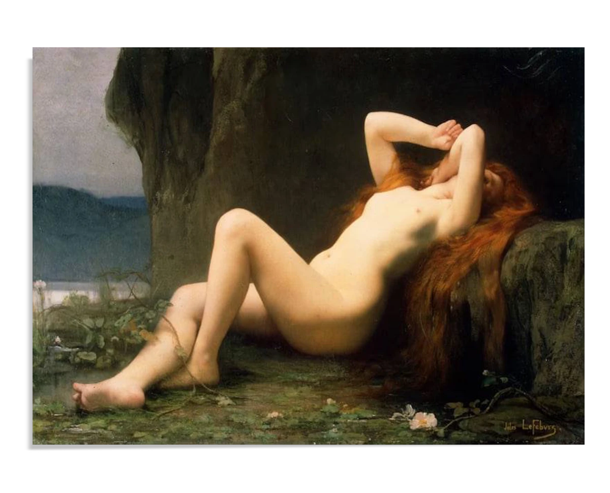 A classical painting of Mary Magdalene resting in a grotto. Her long red hair surrounds her as she reclines on the stone, with wildflowers and lush greenery around her. The soft lighting highlights the graceful form of her body and her reflective expression, while the distant water adds a peaceful touch to the scene.