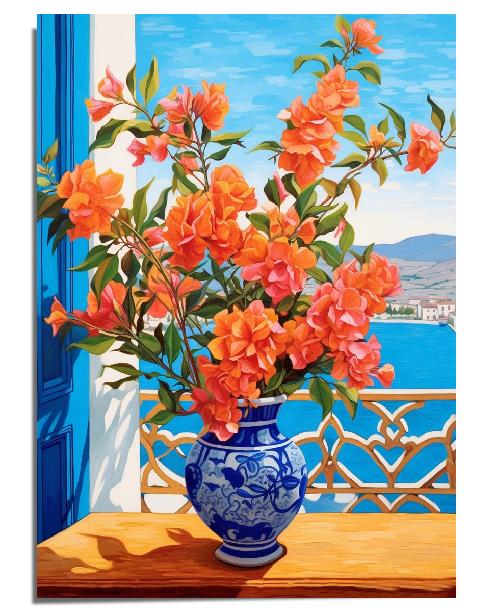 A colorful artwork depicting a Mediterranean-style balcony with a wooden table holding a blue and white ceramic vase filled with vibrant orange bougainvillea flowers. In the background, a blue sea extends toward distant hills, and a decorative balcony railing adds elegance to the scene. A partially open blue door frames the view, enhancing the bright and inviting atmosphere.