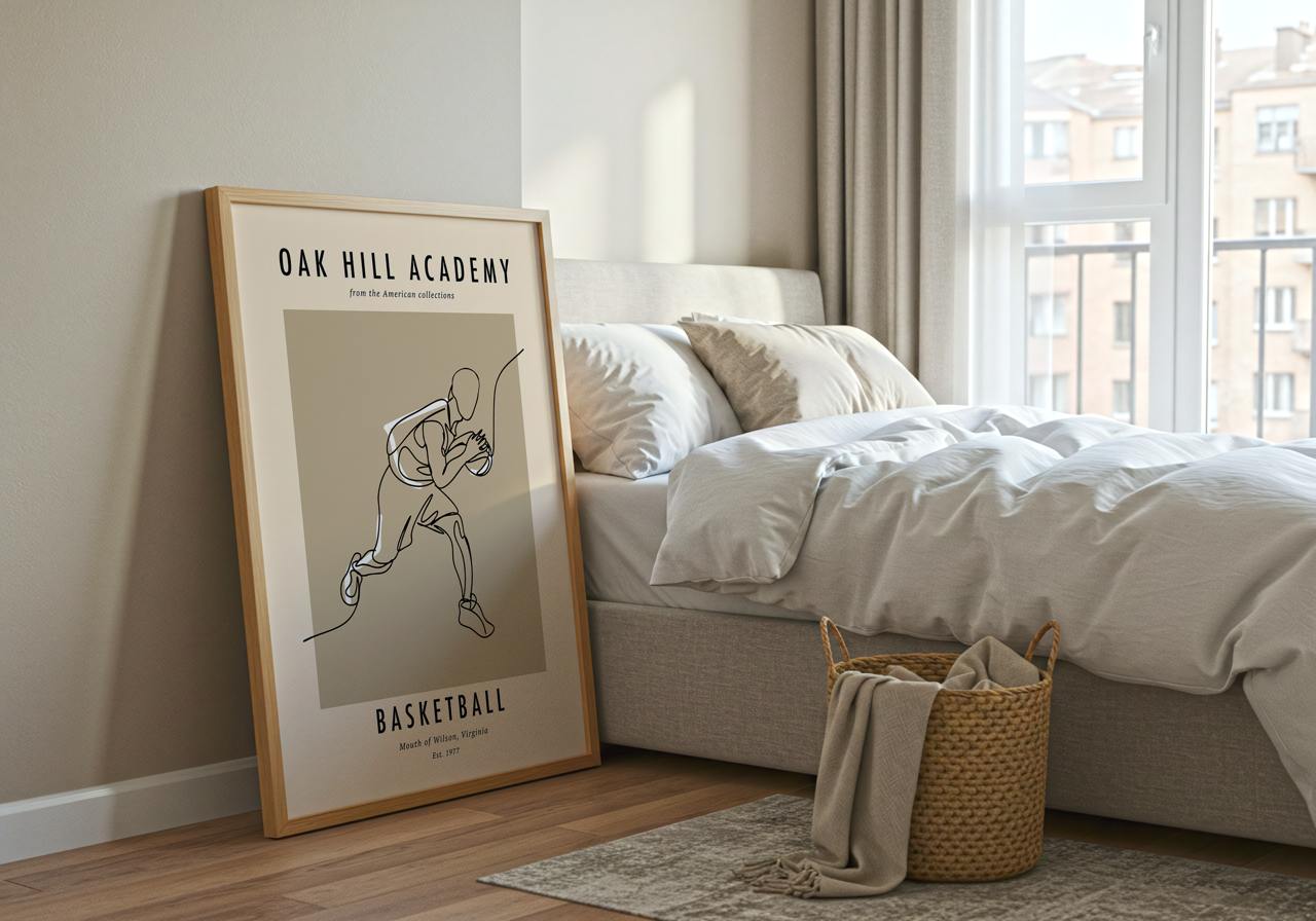 Bedroom with a framed poster of a basketball player and 'Oak Hill Academy' text.
