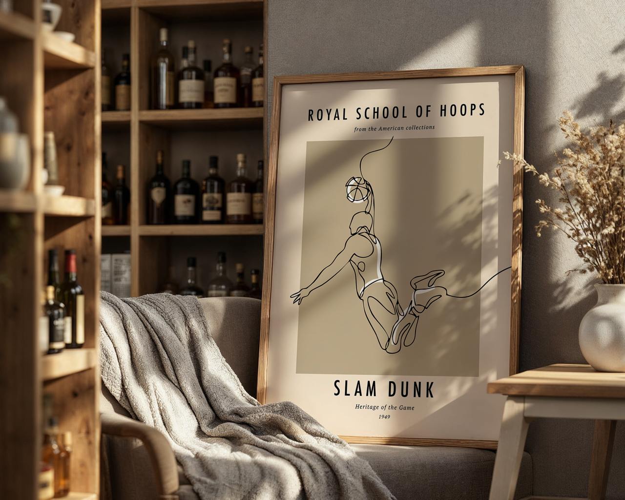 Framed artwork titled 'Slam Dunk' by Royal School of Hoops in a home setting with shelves and decor.