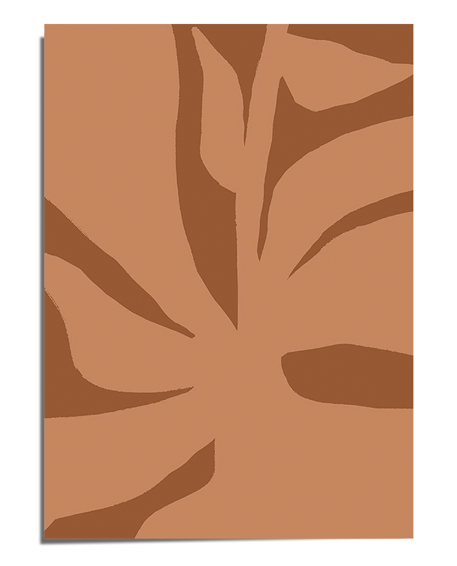 A subtle, abstract representation of a monstera leaf, depicted in warm brown and beige shades. The organic leaf shape is softly blended with a background of similar earthy tones, creating a minimalist and modern botanical composition. The design has a calming and neutral aesthetic, perfect for contemporary interiors.
