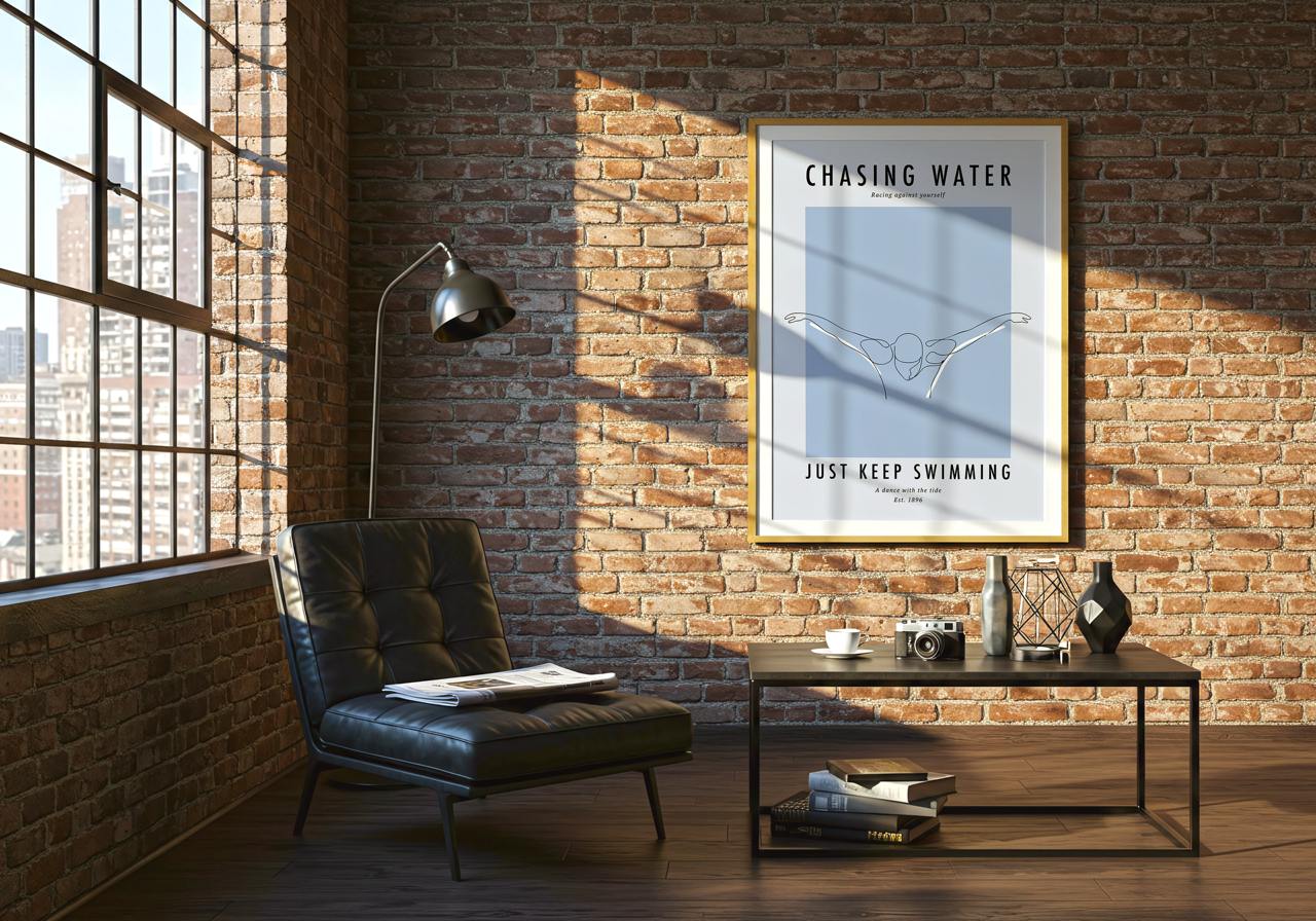 Modern living room with a brick wall, sofa, coffee table, and framed poster.