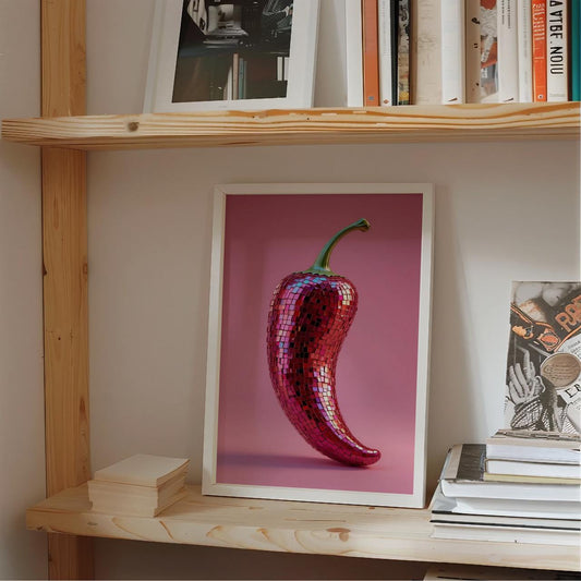 Framed artwork of a red pepper on a wooden shelf with books