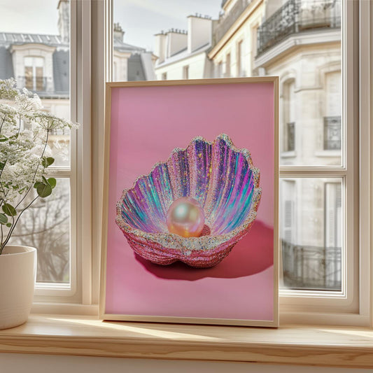 Framed artwork of a colorful shell with a pearl on a pink background, placed on a windowsill.