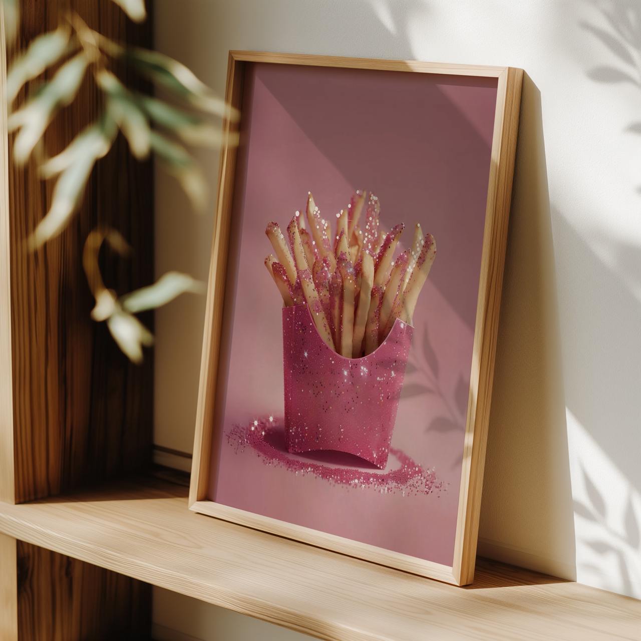 Framed artwork of a pink cup with glittery french fries on a wooden shelf.