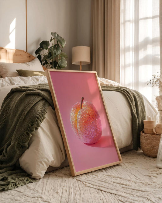 Framed artwork of a colorful apple on a bed in a bedroom.