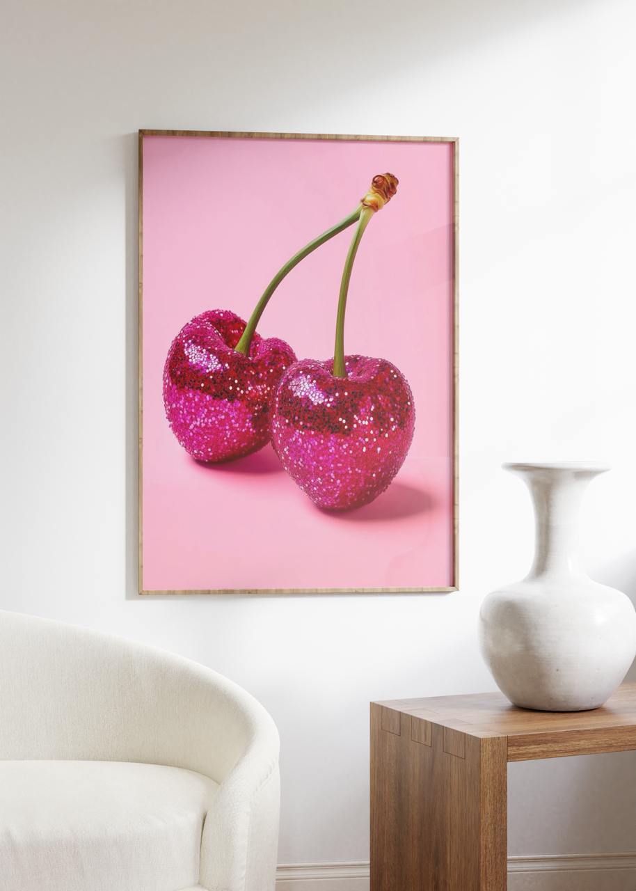 Framed artwork of pink glittery cherries on a pink background in a room with a chair and vase.