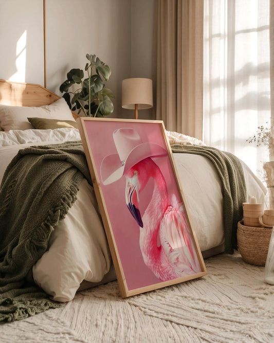 Framed artwork of a pink flamingo in a bedroom setting