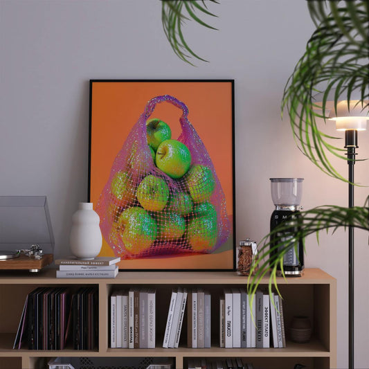 Framed artwork of a bag of apples on a shelf with books and decor items.