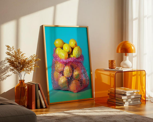 Framed artwork of lemons in a bag on a table with a lamp and books in a room.