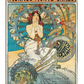 A vintage Art Nouveau travel poster featuring a seated woman in a flowing white dress adorned with red flowers in her hair. She is surrounded by intricate floral and decorative patterns in soft pastel tones. The background features circular motifs and botanical elements, enhancing the elegant and dreamlike aesthetic. The title "Monaco Monte-Carlo" is prominently displayed at the top in bold lettering, evoking the charm and luxury of the French Riviera.